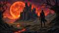 GRID THUMBNAIL — A hooded figure watches a dark gothic castle beneath a colossal blood-red moon, with twisted trees and glowing crimson streams across a barren valley.
