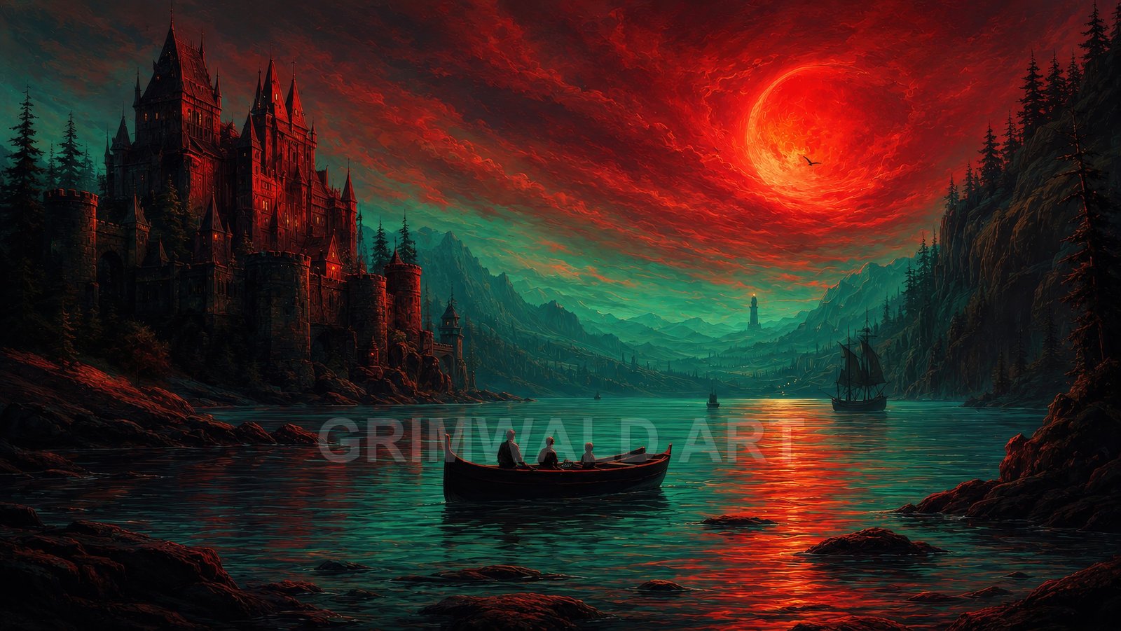 Dark fantasy landscape of a lakeside castle under a blood-red moon, teal waters, rowing boat with three figures, distant lighthouse and sailing ships.