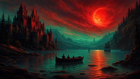 GRID THUMBNAIL — Dark fantasy landscape of a lakeside castle under a blood-red moon, teal waters, rowing boat with three figures, distant lighthouse and sailing ships.