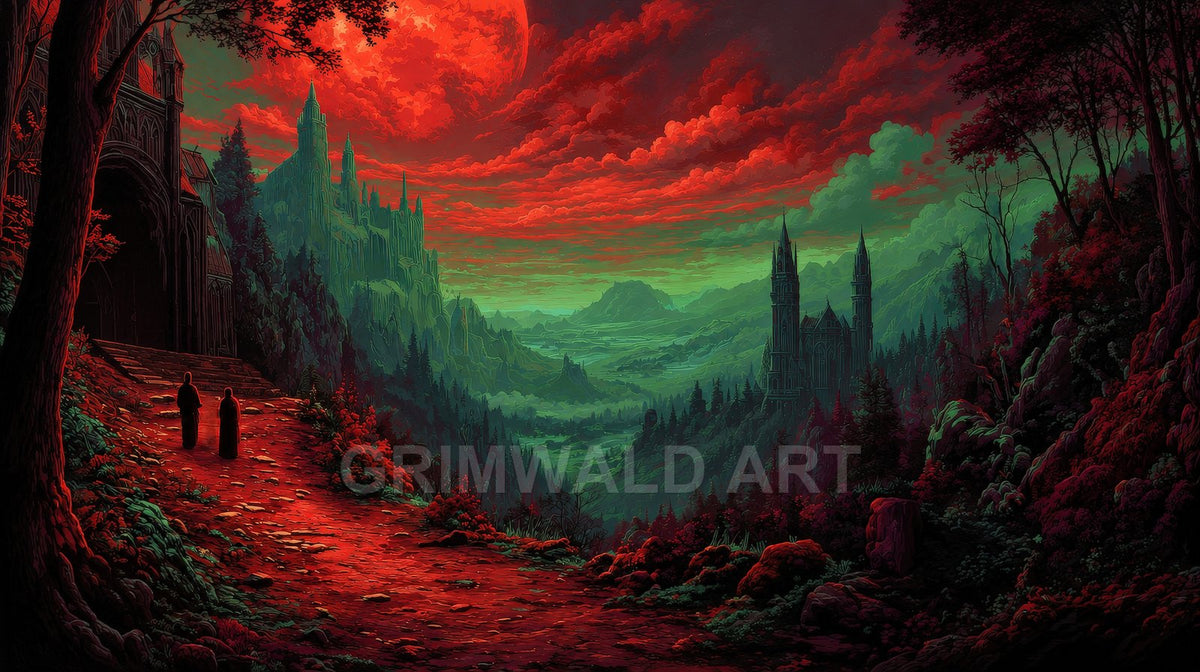 A blood-red moon hangs above a gothic valley with distant castles, red-lit clouds, dark forests and a stone path with two robed figures.