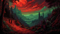GRID THUMBNAIL — A blood-red moon hangs above a gothic valley with distant castles, red-lit clouds, dark forests and a stone path with two robed figures.