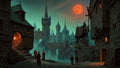 GRID THUMBNAIL — Moody medieval city street facing a towering castle under a red moon, warm lanterns glowing and cloaked figures walking over cobblestones.