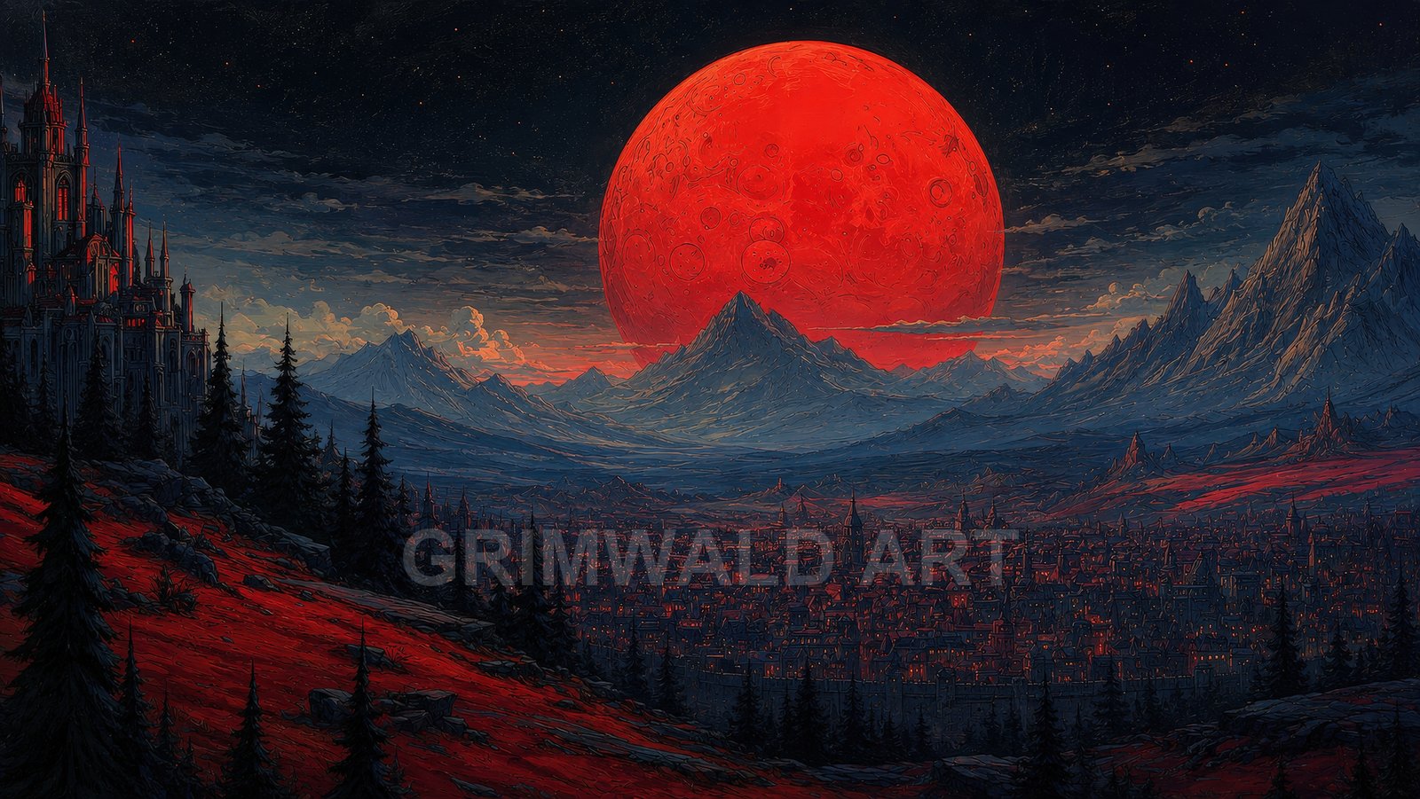 Gigantic red moon rises over a mountainous valley city, with a gothic castle, dark conifer forest, and moody night clouds across the sky.
