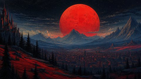 GRID THUMBNAIL — Gigantic red moon rises over a mountainous valley city, with a gothic castle, dark conifer forest, and moody night clouds across the sky.
