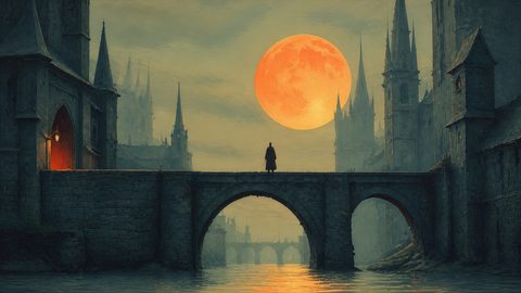 GRID THUMBNAIL — Gothic stone bridge over a river beneath a huge orange moon, with spired castles and a lone cloaked figure silhouetted against misty night.