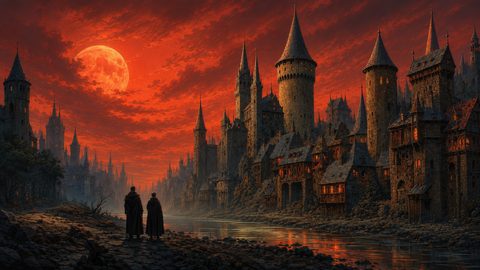 GRID THUMBNAIL — Gothic medieval city of tall spires beside a river under a vast red moon, glowing windows and two cloaked figures on the bank.
