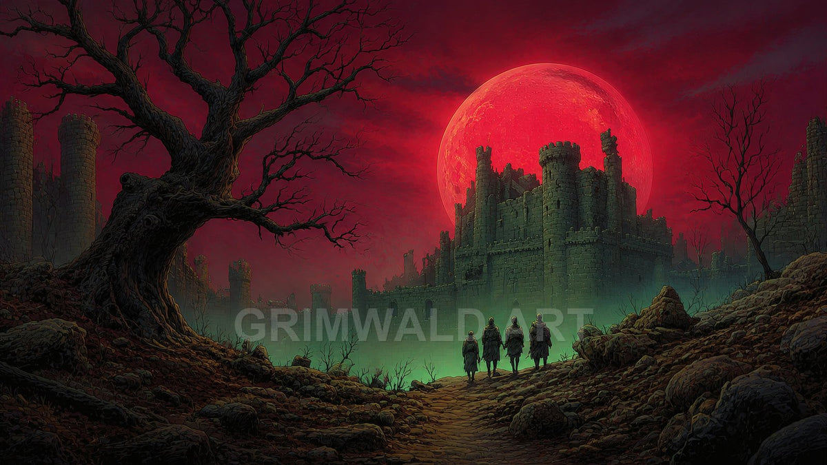 Ruined stone castle beneath a huge red moon with eerie green mist, rocky path and gnarled trees, four cloaked figures approaching the gate.