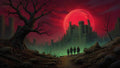 GRID THUMBNAIL — Ruined stone castle beneath a huge red moon with eerie green mist, rocky path and gnarled trees, four cloaked figures approaching the gate.