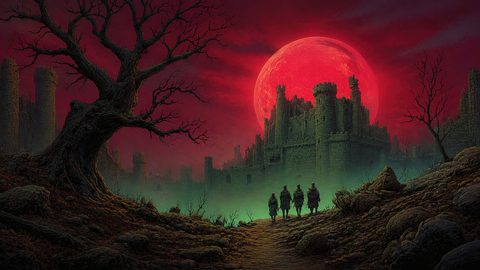 GRID THUMBNAIL — Ruined stone castle beneath a huge red moon with eerie green mist, rocky path and gnarled trees, four cloaked figures approaching the gate.
