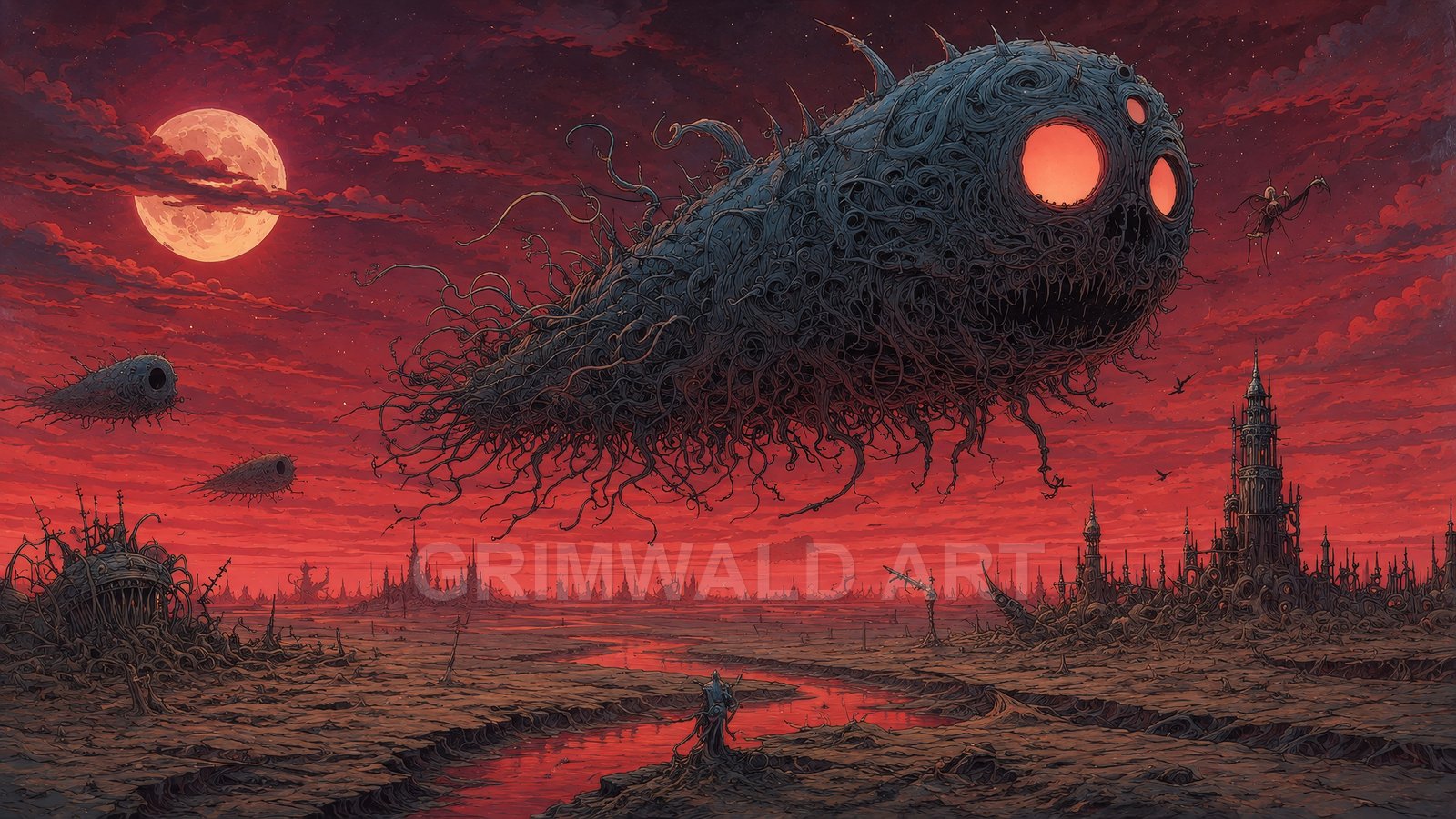 A crimson twilight sky and full moon loom over a desolate wasteland as a colossal tentacled entity floats above ruined spires and winding river.
