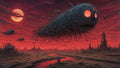 GRID THUMBNAIL — A crimson twilight sky and full moon loom over a desolate wasteland as a colossal tentacled entity floats above ruined spires and winding river.