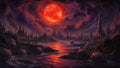 GRID THUMBNAIL — A blood-red moon illuminates a dark fantasy landscape of spired cities, swirling crimson river, tentacled hills, and cratered stone orbs beneath stormy clouds.