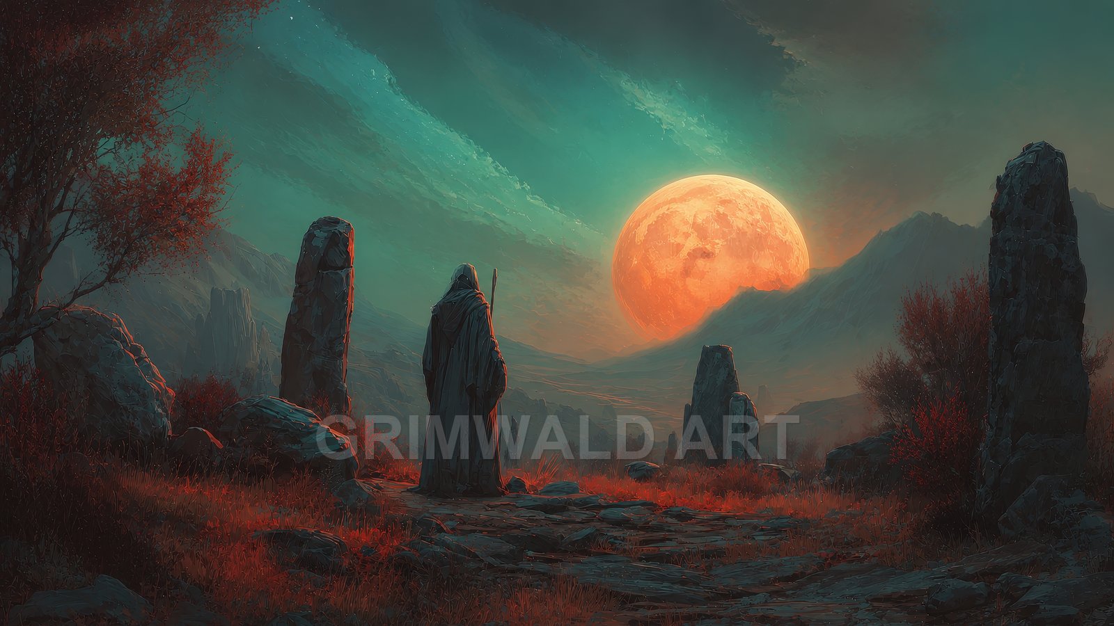 Cloaked wanderer stands among ancient standing stones beneath a vast orange moon, teal twilight sky over a rocky mountain valley.
