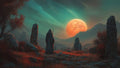 GRID THUMBNAIL — Cloaked wanderer stands among ancient standing stones beneath a vast orange moon, teal twilight sky over a rocky mountain valley.