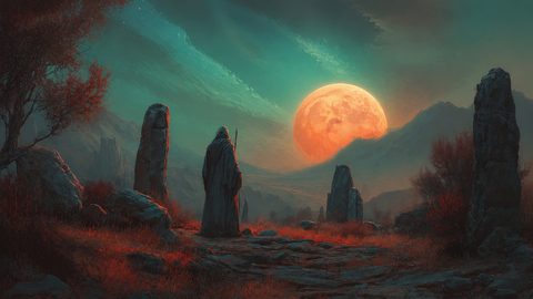 GRID THUMBNAIL — Cloaked wanderer stands among ancient standing stones beneath a vast orange moon, teal twilight sky over a rocky mountain valley.