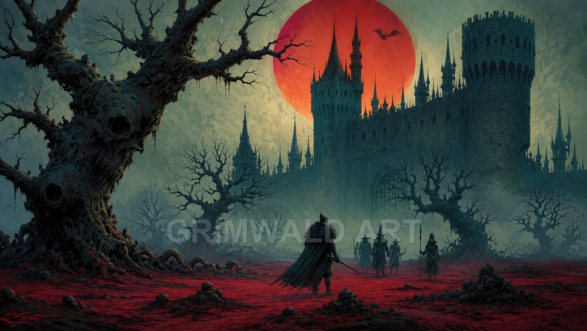 Gothic castle beneath a vast red moon, surrounded by twisted dead trees and red ground, with small cloaked figures approaching through mist.
