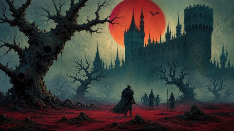 GRID THUMBNAIL — Gothic castle beneath a vast red moon, surrounded by twisted dead trees and red ground, with small cloaked figures approaching through mist.