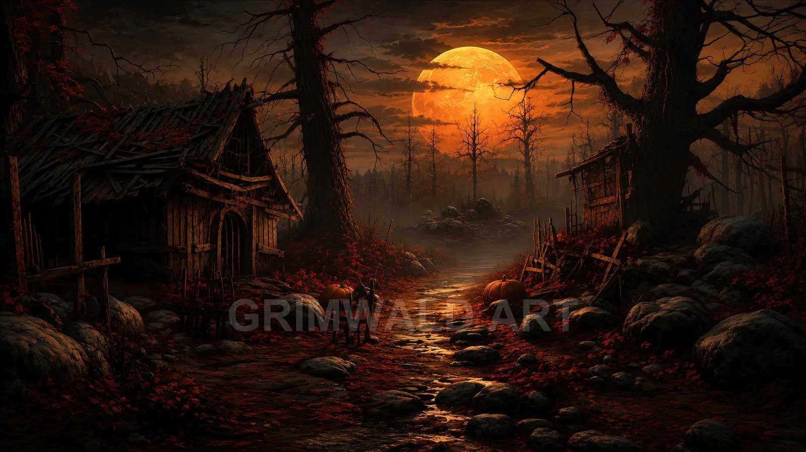 A moonlit forest path between derelict wooden shacks, strewn with pumpkins and red leaves, under a huge orange harvest moon and twisted trees.