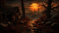 GRID THUMBNAIL — A moonlit forest path between derelict wooden shacks, strewn with pumpkins and red leaves, under a huge orange harvest moon and twisted trees.