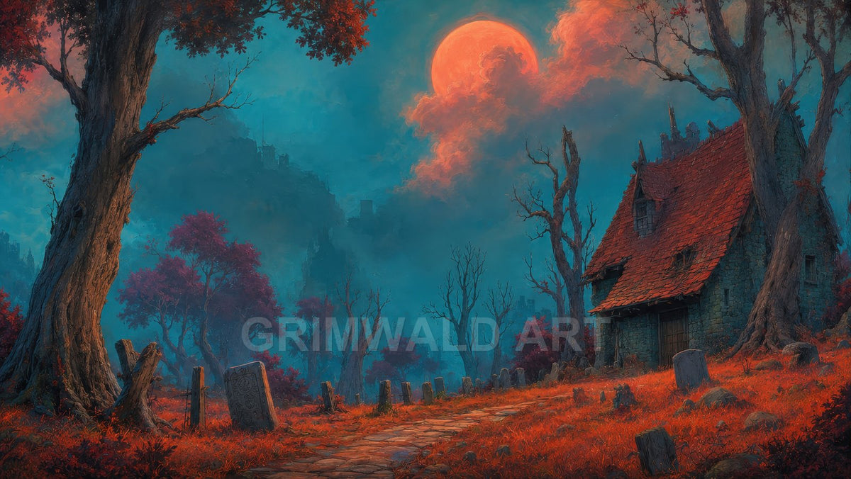 Moonlit graveyard with a stone cottage and red-tiled roof beside a winding path, under a vast red moon and misty blue sky.