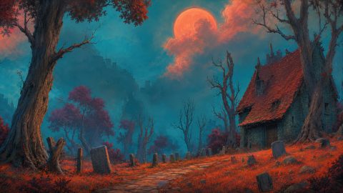 GRID THUMBNAIL — Moonlit graveyard with a stone cottage and red-tiled roof beside a winding path, under a vast red moon and misty blue sky.