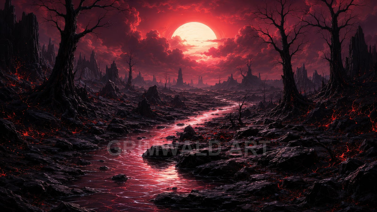 A winding red river flows through a charred wasteland under a vast blood-red moon, with barren trees and jagged rocks glowing faintly.