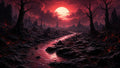 GRID THUMBNAIL — A winding red river flows through a charred wasteland under a vast blood-red moon, with barren trees and jagged rocks glowing faintly.