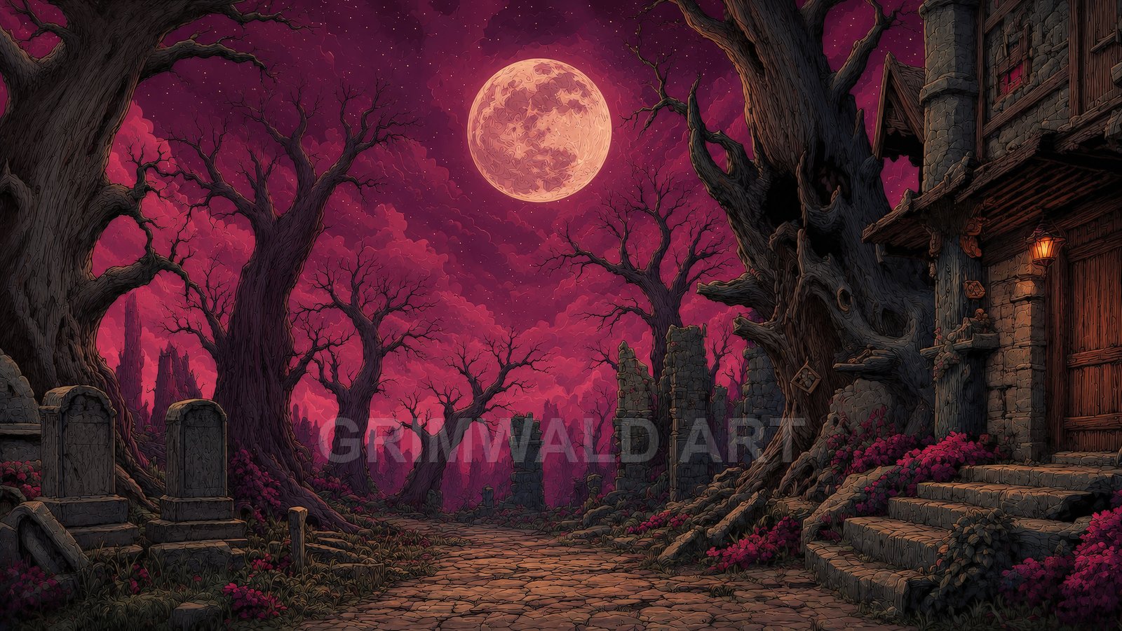 A cobblestone path winds through a graveyard and ruins beneath a huge pink moon, twisted leafless trees and a lantern-lit stone house.
