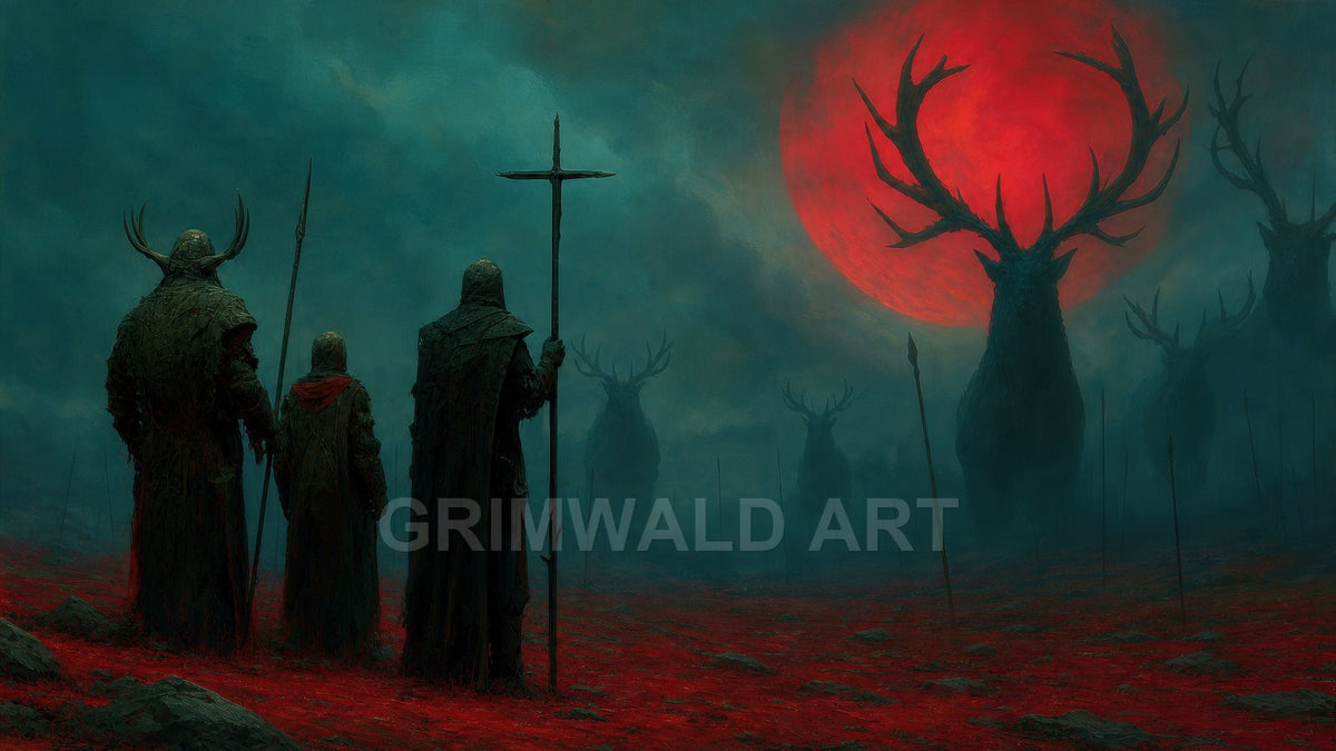 Cloaked figures face towering stag silhouettes beneath a vast red moon, on a misty teal plain strewn with spears and dark rocks.