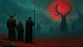 GRID THUMBNAIL — Cloaked figures face towering stag silhouettes beneath a vast red moon, on a misty teal plain strewn with spears and dark rocks.