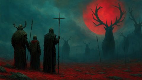 GRID THUMBNAIL — Cloaked figures face towering stag silhouettes beneath a vast red moon, on a misty teal plain strewn with spears and dark rocks.