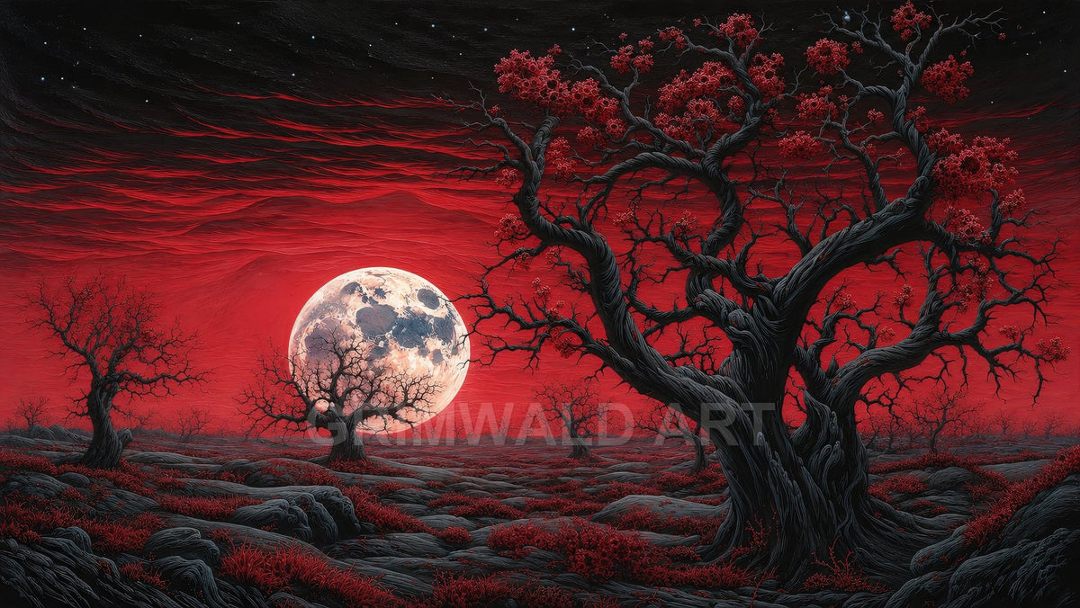 Gnarled black trees rise over a barren plain beneath a huge full moon and red, star-streaked sky, with crimson groundcover.