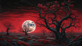 GRID THUMBNAIL — Gnarled black trees rise over a barren plain beneath a huge full moon and red, star-streaked sky, with crimson groundcover.