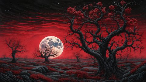 GRID THUMBNAIL — Gnarled black trees rise over a barren plain beneath a huge full moon and red, star-streaked sky, with crimson groundcover.