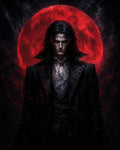 GRID THUMBNAIL — Brooding male vampire in a high-collared black coat stands before a vast blood-red full moon, red eyes glowing against a shadowy night backdrop.