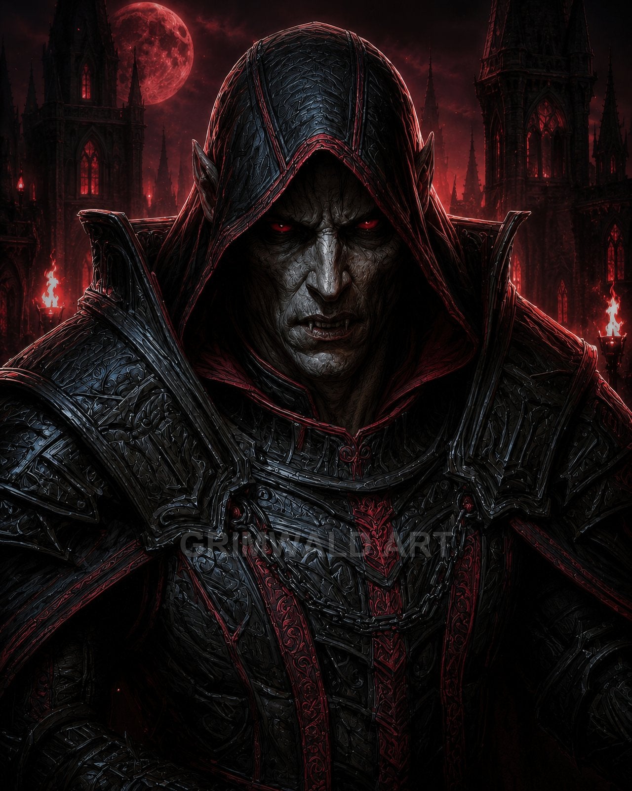 Hooded vampire knight in ornate black armour with crimson accents, glowing red eyes before gothic spires, firelit braziers, and a looming blood-red moon.