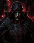 GRID THUMBNAIL — Hooded vampire knight in ornate black armour with crimson accents, glowing red eyes before gothic spires, firelit braziers, and a looming blood-red moon.