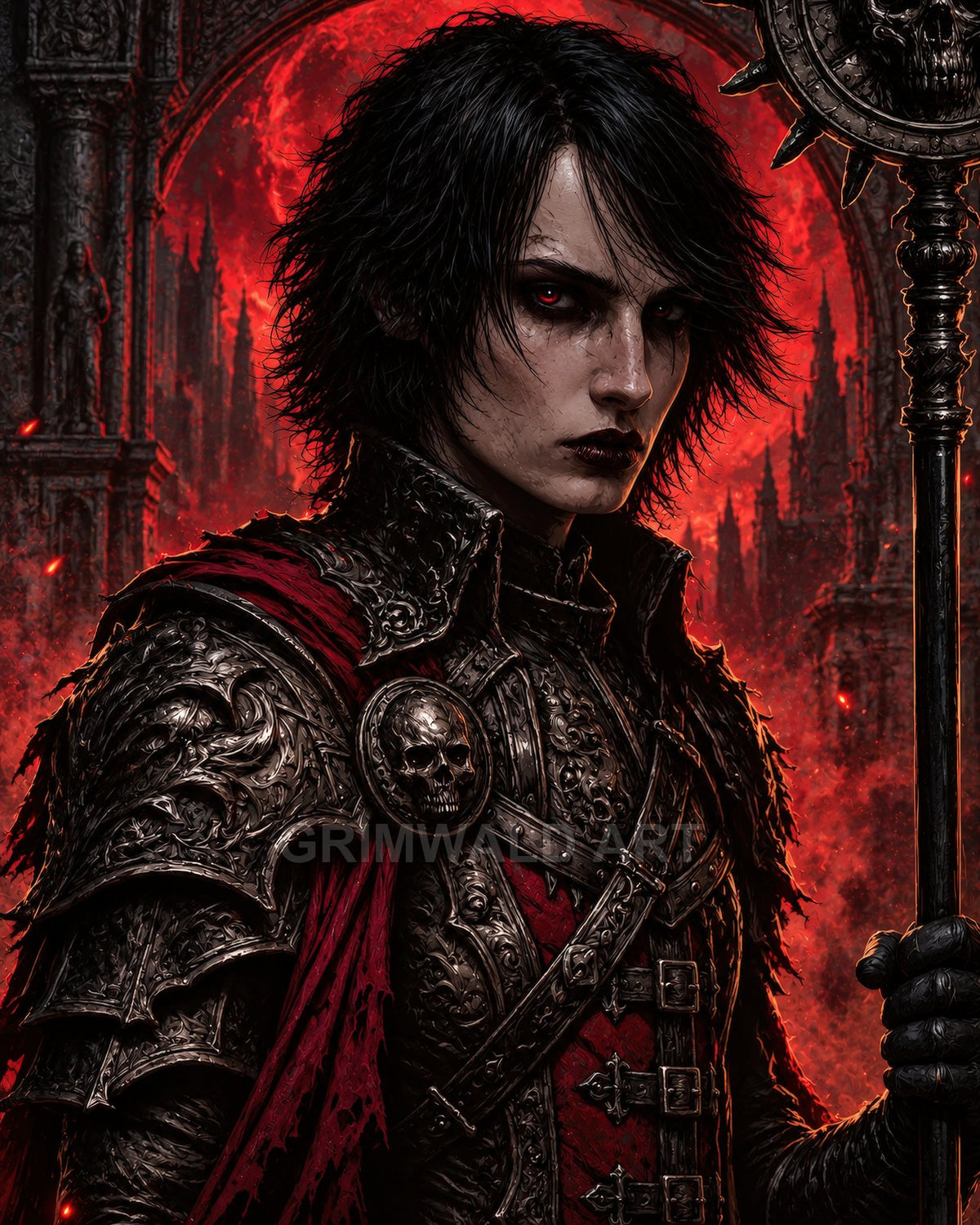 Androgynous vampire knight in ornate dark armour and crimson cloak holds a spiked staff before a vast blood-red moon and gothic cathedral arches.