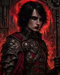 GRID THUMBNAIL — Androgynous vampire knight in ornate dark armour and crimson cloak holds a spiked staff before a vast blood-red moon and gothic cathedral arches.