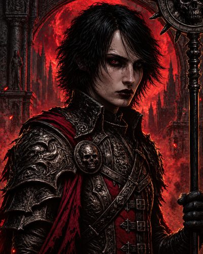 GRID THUMBNAIL — Androgynous vampire knight in ornate dark armour and crimson cloak holds a spiked staff before a vast blood-red moon and gothic cathedral arches.