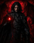 GRID THUMBNAIL — A dark-haired male vampire with red eyes and bat-like wings holds a glowing crimson crystal before a blood-red moon and distant gothic castle.