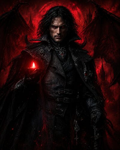 GRID THUMBNAIL — A dark-haired male vampire with red eyes and bat-like wings holds a glowing crimson crystal before a blood-red moon and distant gothic castle.