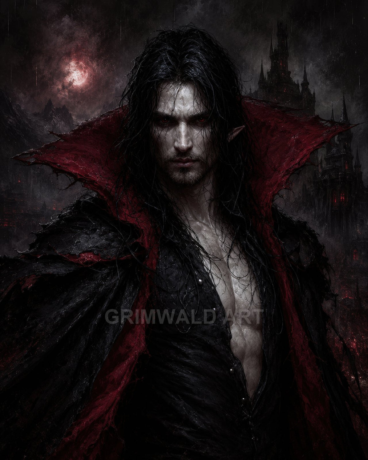 Brooding male vampire with red eyes and pointed ears in rain, wearing black coat with red collar before a gothic castle under blood moon.