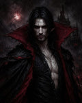 GRID THUMBNAIL — Brooding male vampire with red eyes and pointed ears in rain, wearing black coat with red collar before a gothic castle under blood moon.