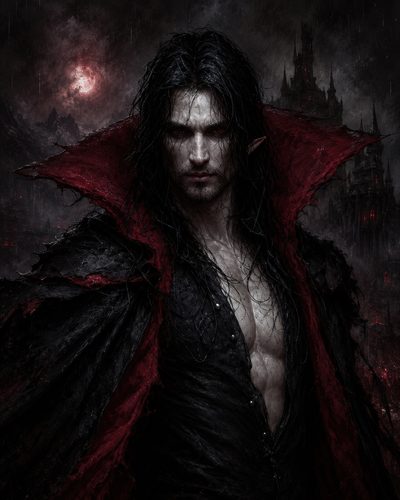 GRID THUMBNAIL — Brooding male vampire with red eyes and pointed ears in rain, wearing black coat with red collar before a gothic castle under blood moon.