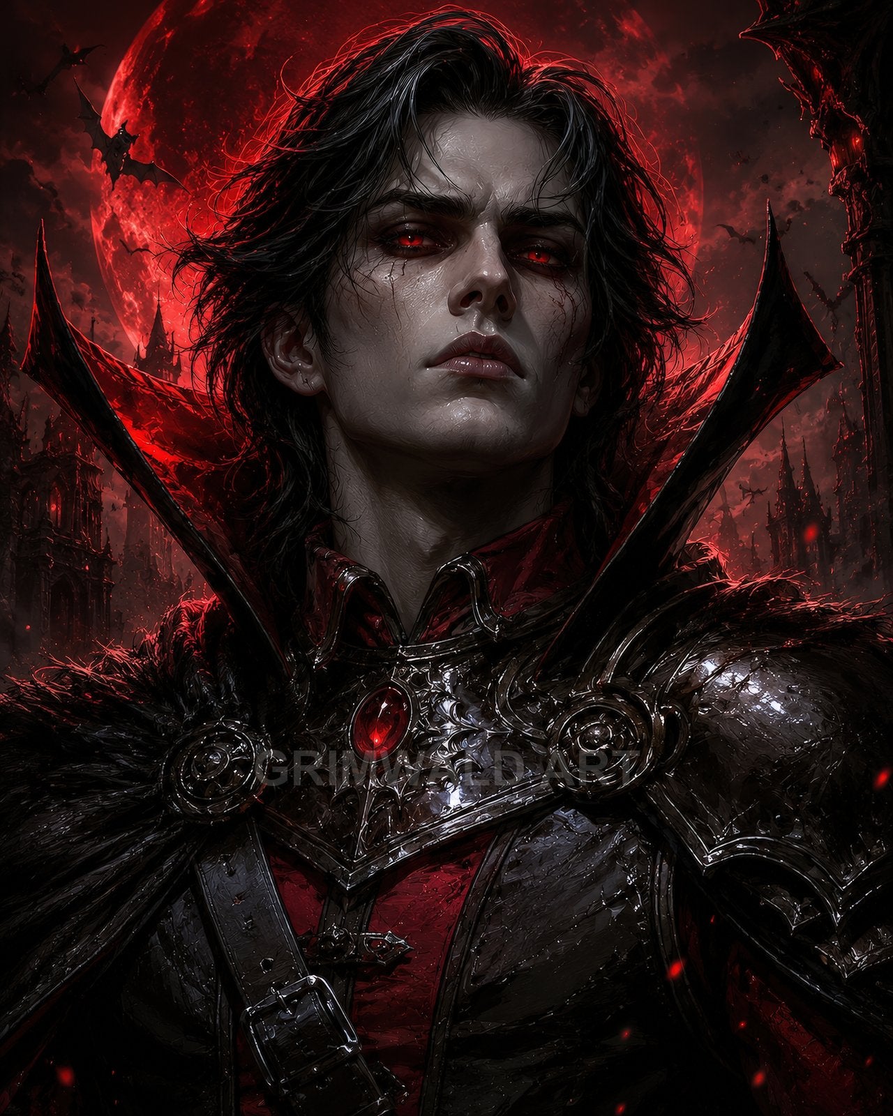A pale male vampire in ornate dark armour with a red jewel stands before a blood-red moon, bats and gothic spires glowing ominously.