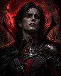 GRID THUMBNAIL — A pale male vampire in ornate dark armour with a red jewel stands before a blood-red moon, bats and gothic spires glowing ominously.