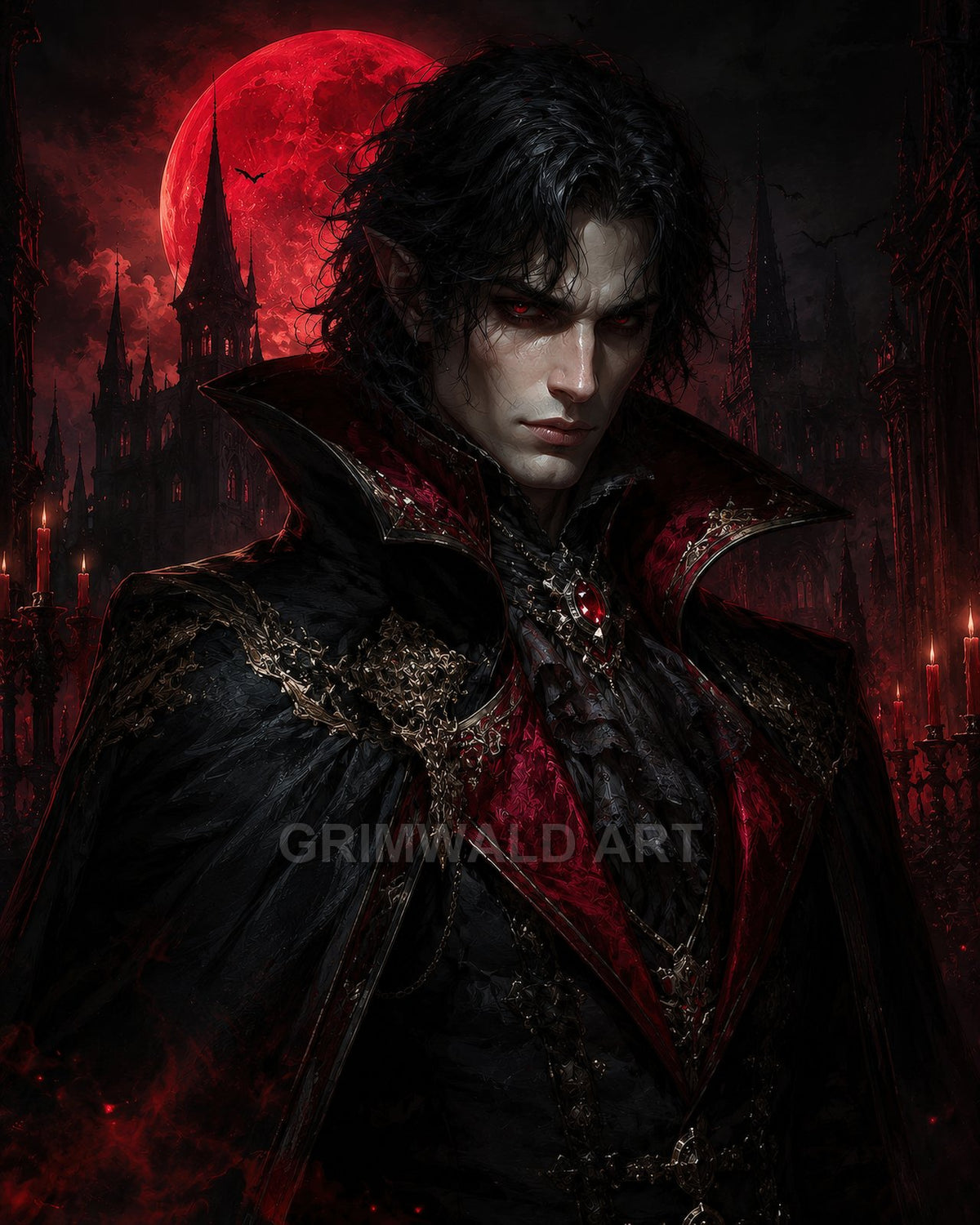 Pale red-eyed vampire noble in ornate black and crimson attire before a blood-red moon and gothic spires, with candles and bats in the dark.