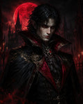 GRID THUMBNAIL — Pale red-eyed vampire noble in ornate black and crimson attire before a blood-red moon and gothic spires, with candles and bats in the dark.