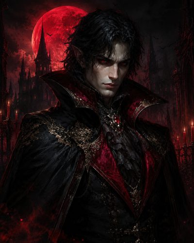 GRID THUMBNAIL — Pale red-eyed vampire noble in ornate black and crimson attire before a blood-red moon and gothic spires, with candles and bats in the dark.